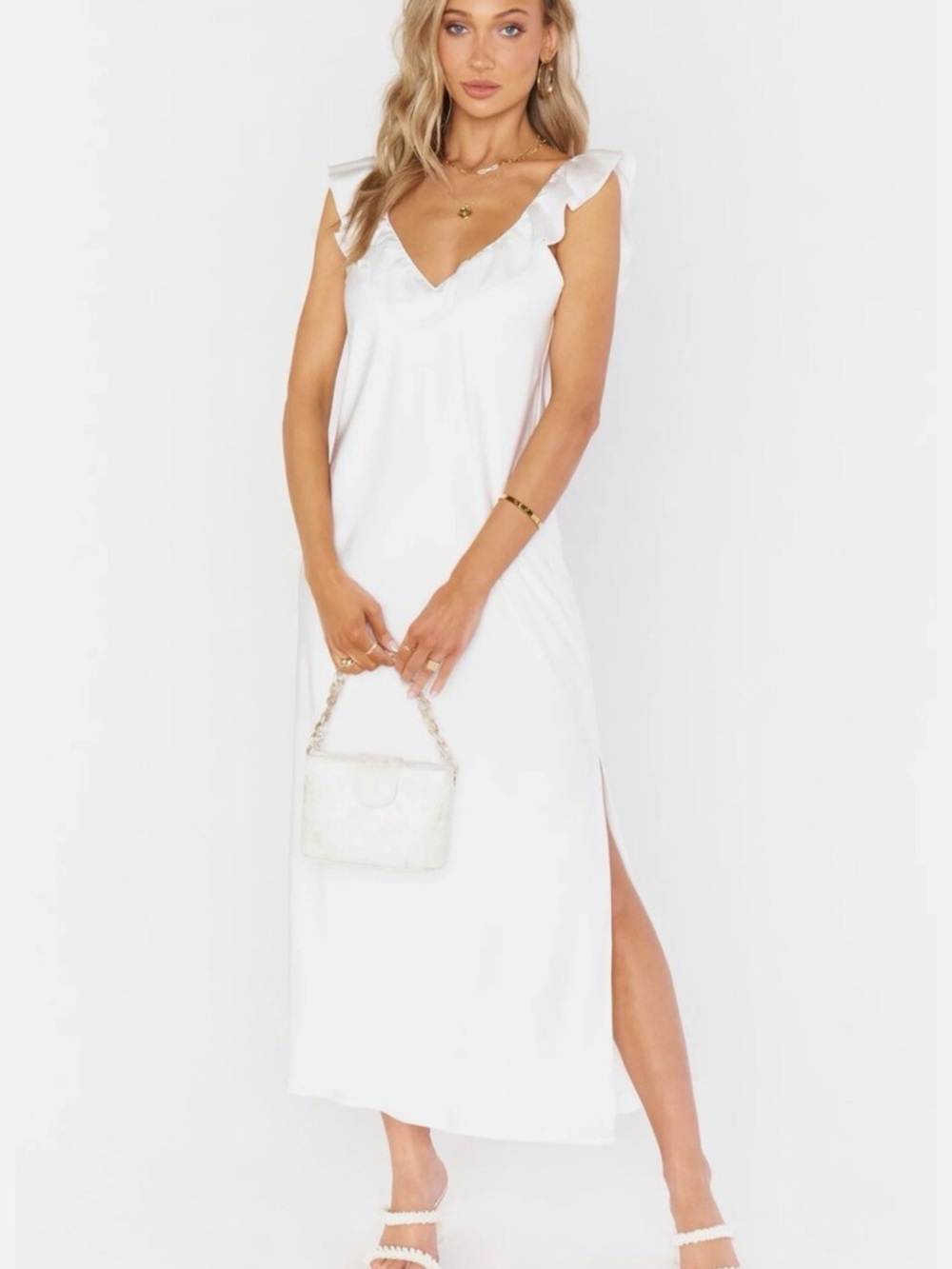 Show Me Your MuMu White Ruffle-Shoulder V-Neck Midi Dress